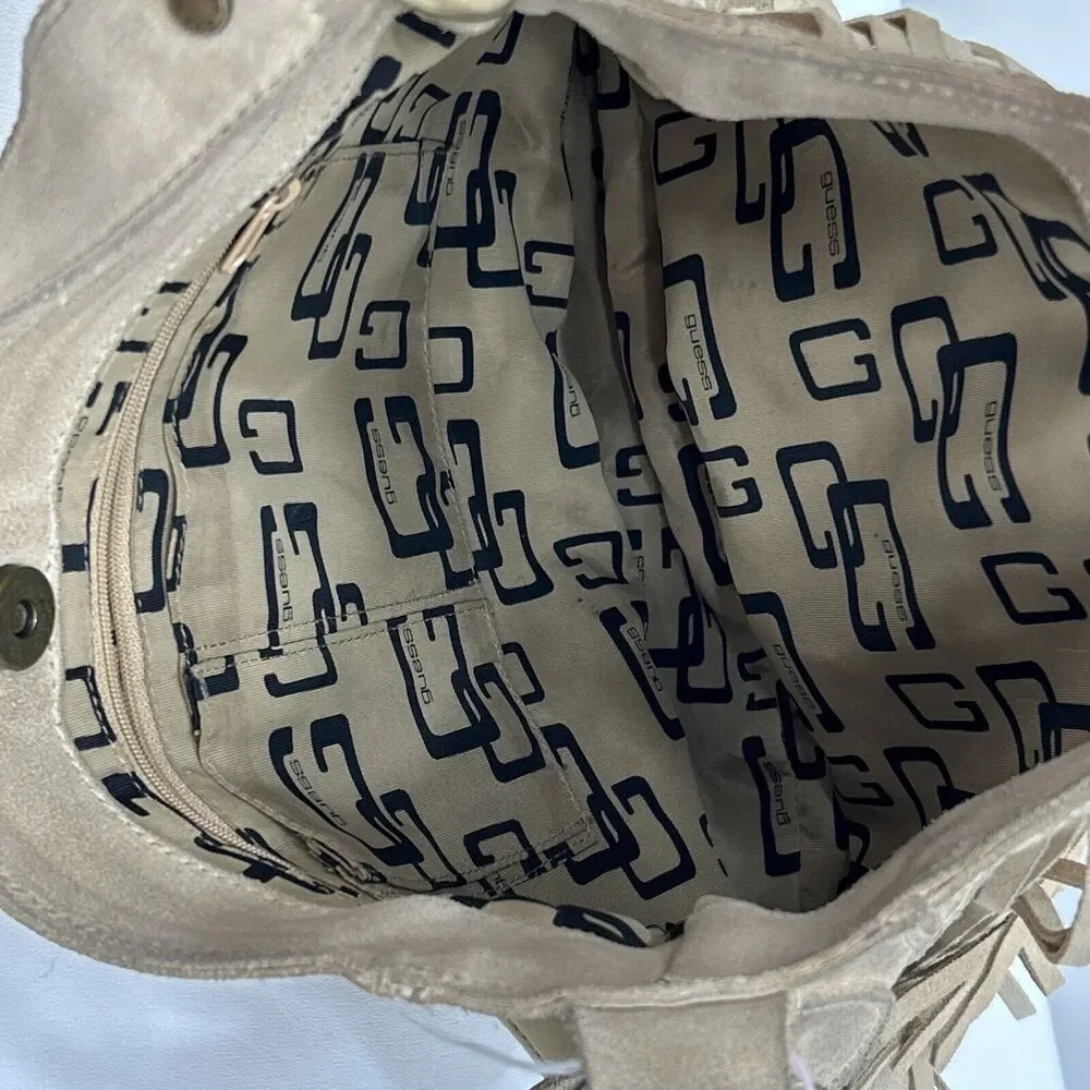 Guess Leather Suede Beige Tan Y2K‎ Hobo Shoulder Fringe Top Zip HandBag Purse